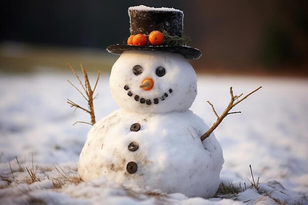 Bałwan z kapeluszem i pomarańczowymi baniami w śniegu.
