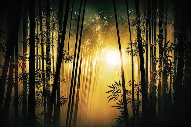 Zdjęcie bambusowy las o wschodzie słońca z wschodzącym słońcem świecącym przez drzewa
