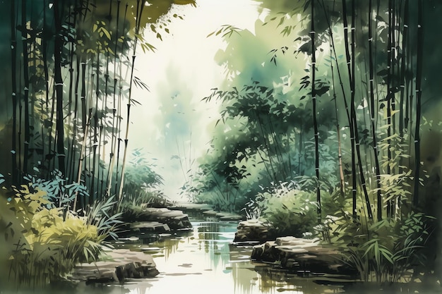 Bambusowy las z ilustracją cyfrową sztuki spokojnego stawu