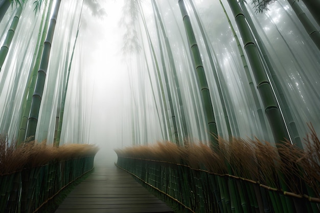 Bambusowy las z mglistą, tajemniczą atmosferą stworzoną za pomocą technologii generatywnej sztucznej inteligencji