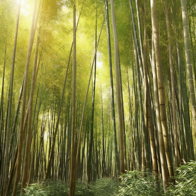 Bambusowy las z promieniami słońca w porannym tle przyrody