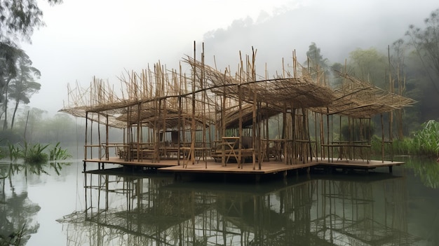 Bambusowy pawilon Mglista struktura wodna zainspirowana Joong Keun Lee i Xiaofei Yue