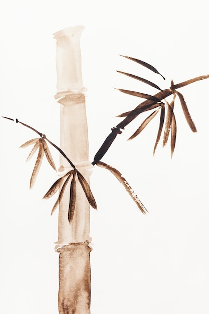Zdjęcie bambusowy pień narysowany brązowymi akwarelami