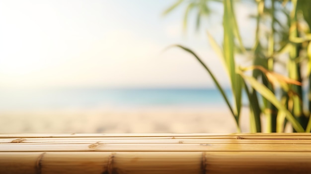 Bambusowy stół na plaży z rozmytym tłem