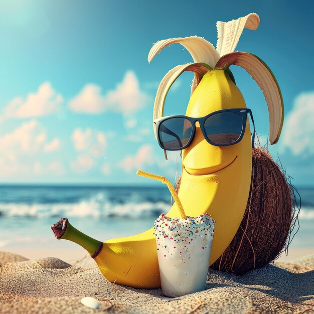 Zdjęcie banan z okularami przeciwsłonecznymi opalanie się na plaży picie z kokosa v 6 job id e4521202a6be407ca7bf5d801f48efb1