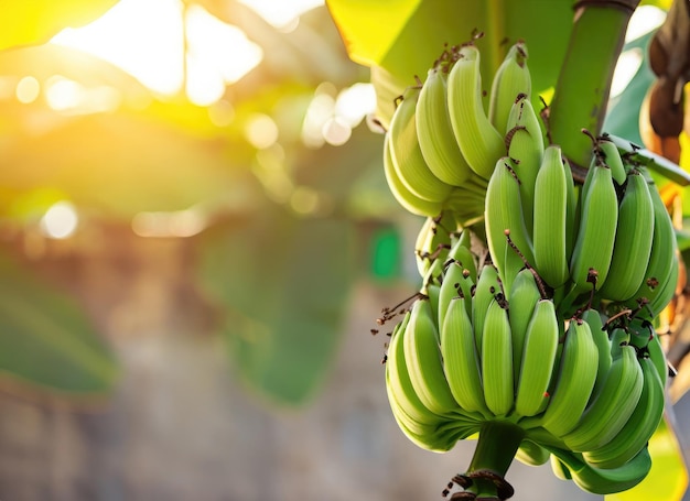 Banany rosną na drzewie w ogrodzie zbiorowym na wiecznym słońcu.