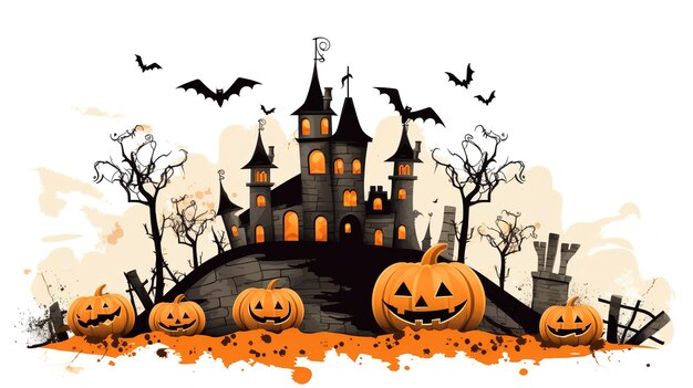 Baner Halloween lub zaproszenie na przyjęcie tło z chmurami nietoperzami i dyniami ilustracja