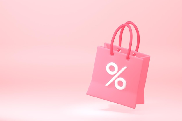 Baner internetowy e-commerce z torbą na zakupy 3d i procentem. ilustracja renderowania 3D.