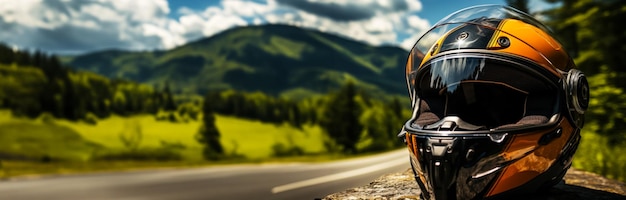 baner internetowy z hełmem motocyklowym w pobliżu autostrady czas na podróż i relaks w popularnych miejscach