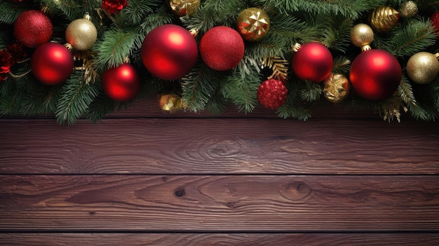 Baner na plakaty świąteczne lub noworoczne drewniane ciemne tło z gałęziami jodły i szklanymi czerwonymi i złotymi kulkami na górze z miejscem na tekst