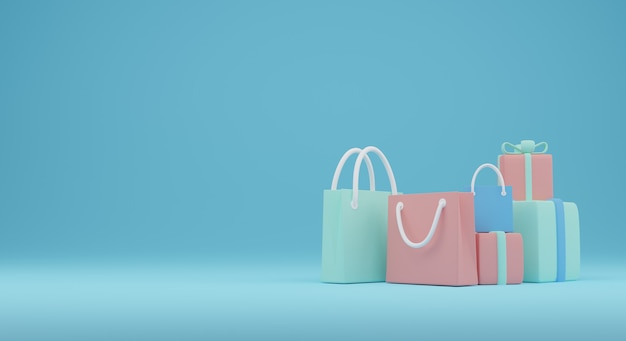 Baner na zakupy z torby na zakupy i pudełka na prezenty 3d renderowania ilustracji. idealny na baner na zakupy