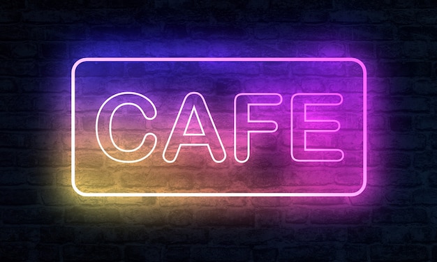 Baner Neon Cafe z oświetleniem w nocy na ścianie z cegły w renderingu 3D