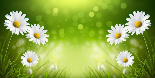 Zdjęcie baner piękne kwiaty rumianku na łące wiosną lub latem scena przyrody z kwitnącą stokrotką w rozbłyskach słonecznych ai