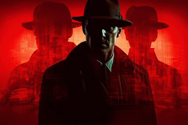Baner plakatowy do thrillera z mężczyzną detektywem w kapeluszu Generatywna ilustracja AI