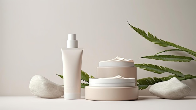 Zdjęcie baner reklamowy dla prostych makiet produktów kosmetycznych ozdobionych naturalnymi liśćmi i kremowymi pociągnięciami koncepcji organicznej pielęgnacji skóry