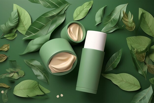Baner reklamowy naturalnych produktów kosmetycznych ozdobiony efektem podartego papieru i naturalnymi liśćmi