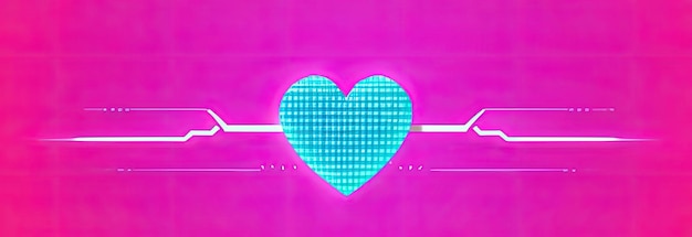 Baner ślubny na Walentynki z czerwonym sercem na abstrakcyjnym tle narysowanym w cybernetycznym stylu