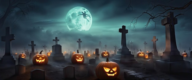 Baner straszny halloween dynie las z nietoperzami i strasznymi drzewami szczęśliwego halloween tła