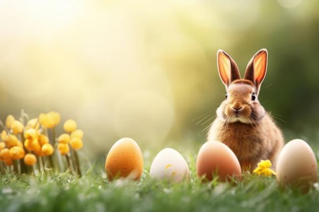 Baner świętowania świąt z uroczym królikiem wielkanocnym z ozdobionymi jajkami i wiosennymi kwiatami na zielonej wiosennej łące Królik w krajobrazie Szczęśliwa kartka powitalna wielkanocna baner uroczysty tło
