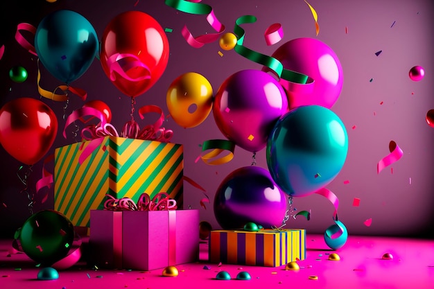 Baner urodzinowy Przestrzeń Viva Magenta z prezentami i elementem dekoracji balonu do projektowania powitań Generative AI