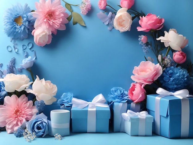 Baner w tle obchodów w kolorze niebieskim z tłem przestrzeni do kopiowania z kwiatami i pudełkami prezentowymi do kampanii sprzedaży