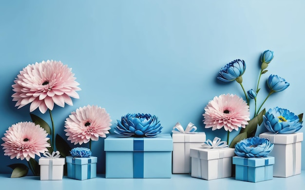 Baner w tle uroczystości w kolorze niebieskim z tłem miejsca na kopię z kwiatami