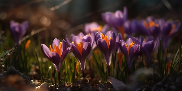 Baner Wiosna w tle Fioletowe krokusy Krokusy Iridaceae Rodzina Iris Generative AI