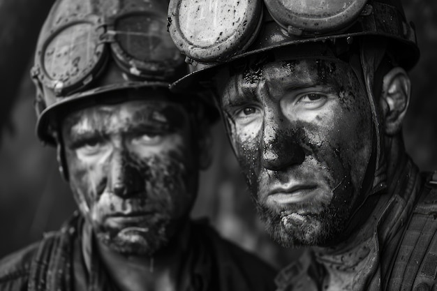 Baner z czarno-białym obrazem dwóch górników w hełmie i okularach ochronnych