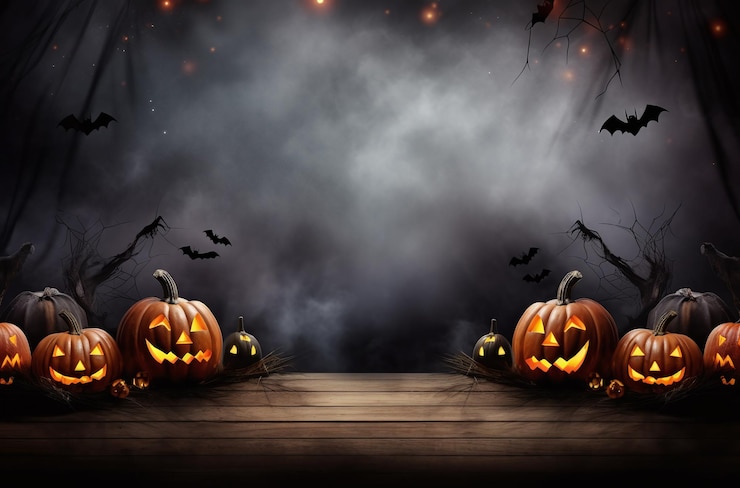 Zdjęcie baner z dyniami i halloween zamek przerażający dekor halloween noc