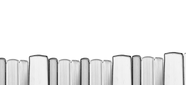 Baner z książkami wiersz graniczny na białym tle Edukacja zdobywanie wiedzy koncepcja Czytanie nawyk mól książkowy styl życia Encyklopedia powieść kod fikcji