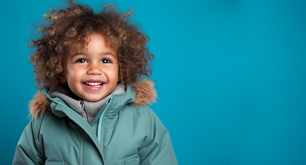 Baner z małym chłopcem z kręconymi włosami w miętowej kurtce zimowej z miejscem na kopię