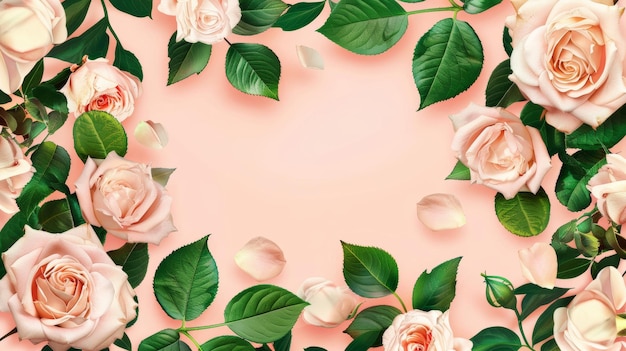 Baner z ramką różową i zielonymi liśćmi na różowym tle Wiosenna kompozycja z przestrzenią do kopiowania