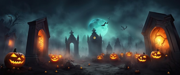 Banerowe dynie w tle nocy halloween i ciemny zamek z pełnią księżyca i nietoperzami wysokiej jakości