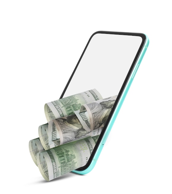 Banknoty dolarowe i nowoczesny smartfon na białym tle