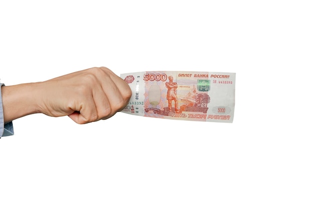 Banknoty są w nominałach 5000 rubli w rękach