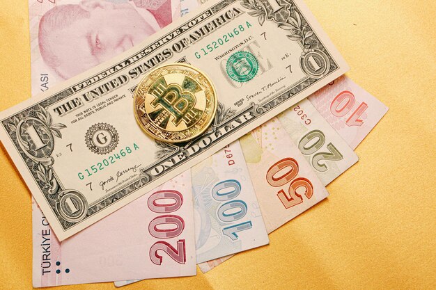 Banknoty tureckiej liry Dolary amerykańskie i monety bitcoin