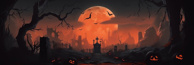 Banner ciemnego cmentarza nagrobkowego Halloween koncepcja tła ilustracja projektu świątecznego