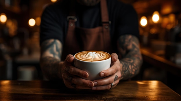 Banner craft cafe mały biznes barista trzyma kubek z kawą latte art