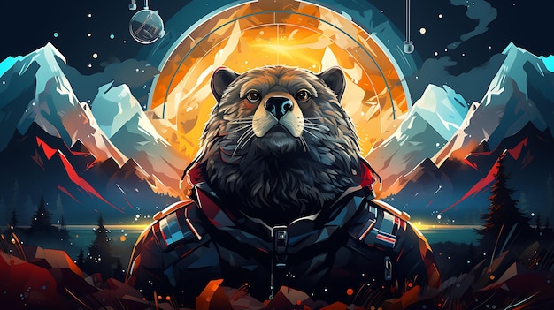 Banner Groundhog w kostiumie kosmicznym Kosmiczny czarny i futurystyczny srebrny 2D Flat Design Ilustracja