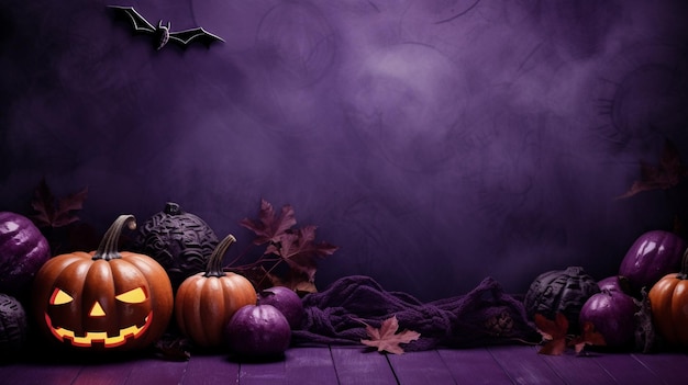 Zdjęcie banner halloween z pustą przestrzenią dyni nietoperze jesieni liście fioletowe tło ai generated