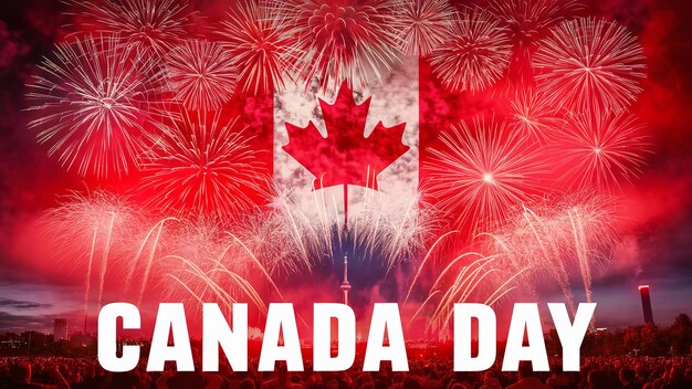 Banner Happy Canada Day na tle fajerwerków z Dnia Kanady