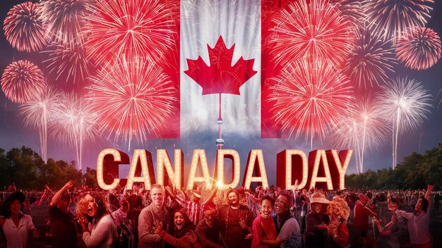 Banner Happy Canada Day na tle fajerwerków z Dnia Kanady