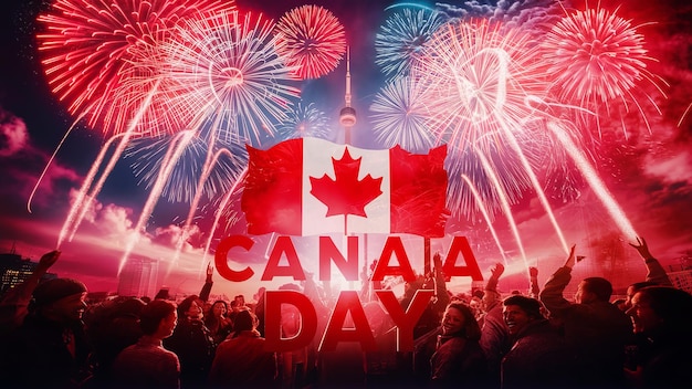 Banner Happy Canada Day na tle fajerwerków z Dnia Kanady