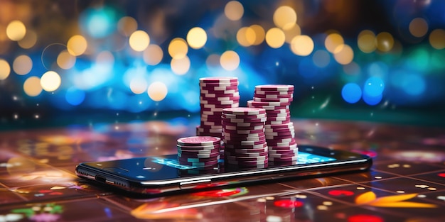 Banner kasyna online Smartfon z żetonami do gry na stole na niewyraźnym tle neonowym z efektem bokeh Koncepcja hazardu internetowego