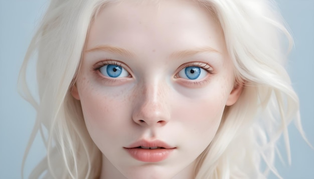 Zdjęcie banner promocyjny z piękną modelką albino z piegią na twarzy i niebieskimi oczami.