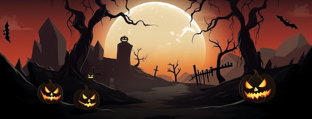 Banner tła Halloween na cmentarzu w nocnej ilustracji z nietoperzami i dużym księżycem