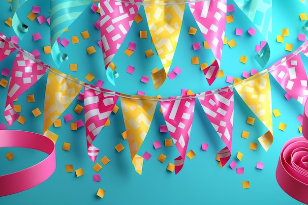 Zdjęcie banner urodzinowy i streamery wesoły baner urodziny wiszący nad tłem kolorowych streamerów tworzący uroczysty nastrój na przyjęcie
