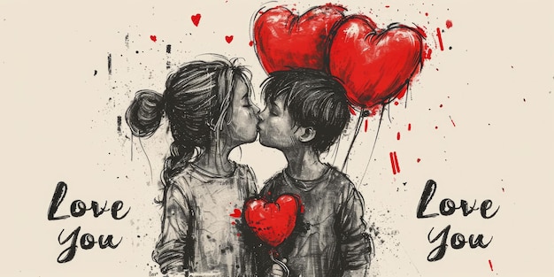 Banner z tekstem Kocham cię w Walentynki39 romantyczna kartka z pozdrowieniami z miejscem do kopiowania dla twojego napisu pocałunek chłopca i dziewczyny i balony z sercami