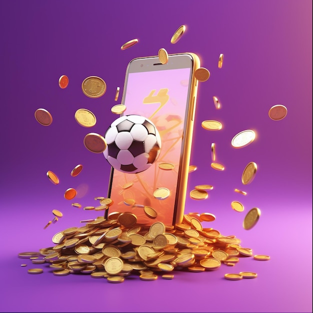 Banner zakładów sportowych telefon, z którego leci mecz piłki nożnej i złote monety na fioletowym tle