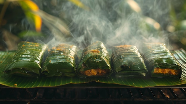 Zdjęcie barbacoa owinięta w banany pozostawia parę niosącą zapach